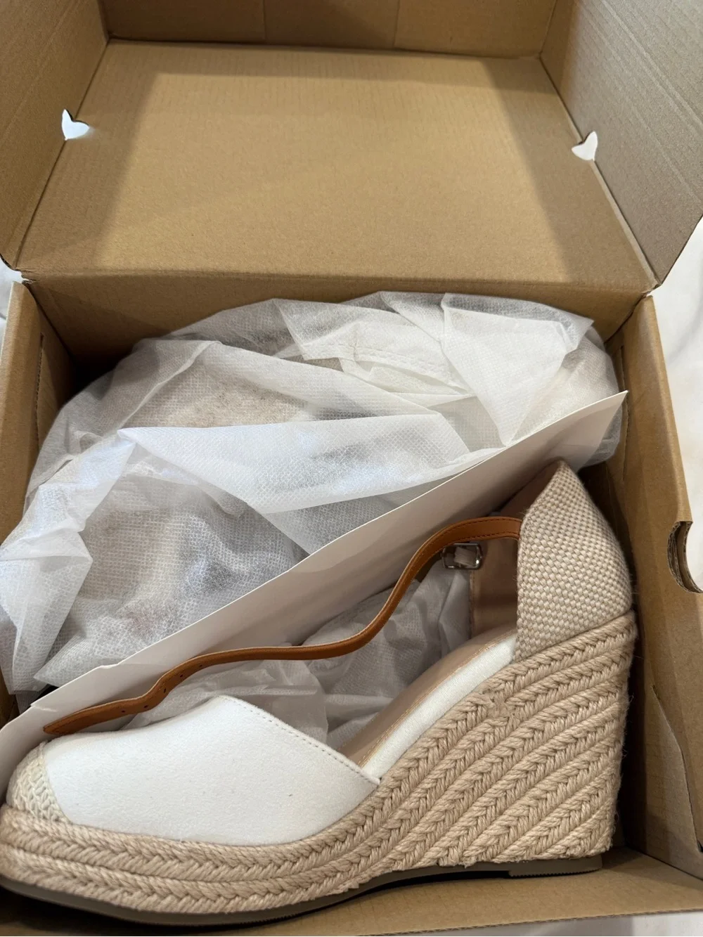 Women’s White Espadrille Wedge Sandals with Tan Ankle Strap